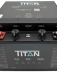 TITAN 12V 230Ah Underseat lithium leisure battery, front three-quarter view showing recessed M8 terminals and comms ports