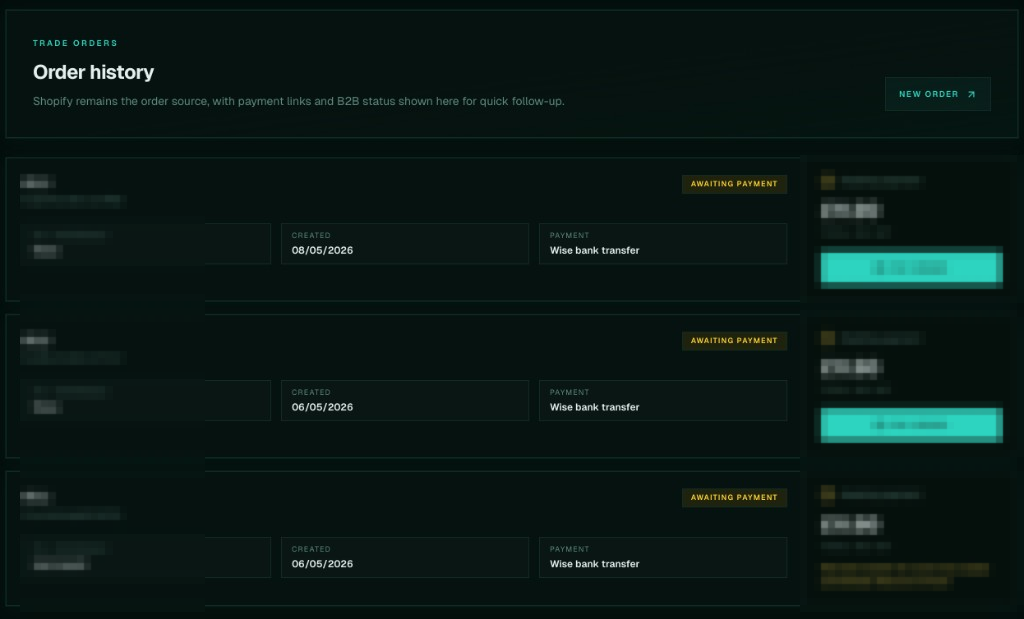 B2B order history screenshot