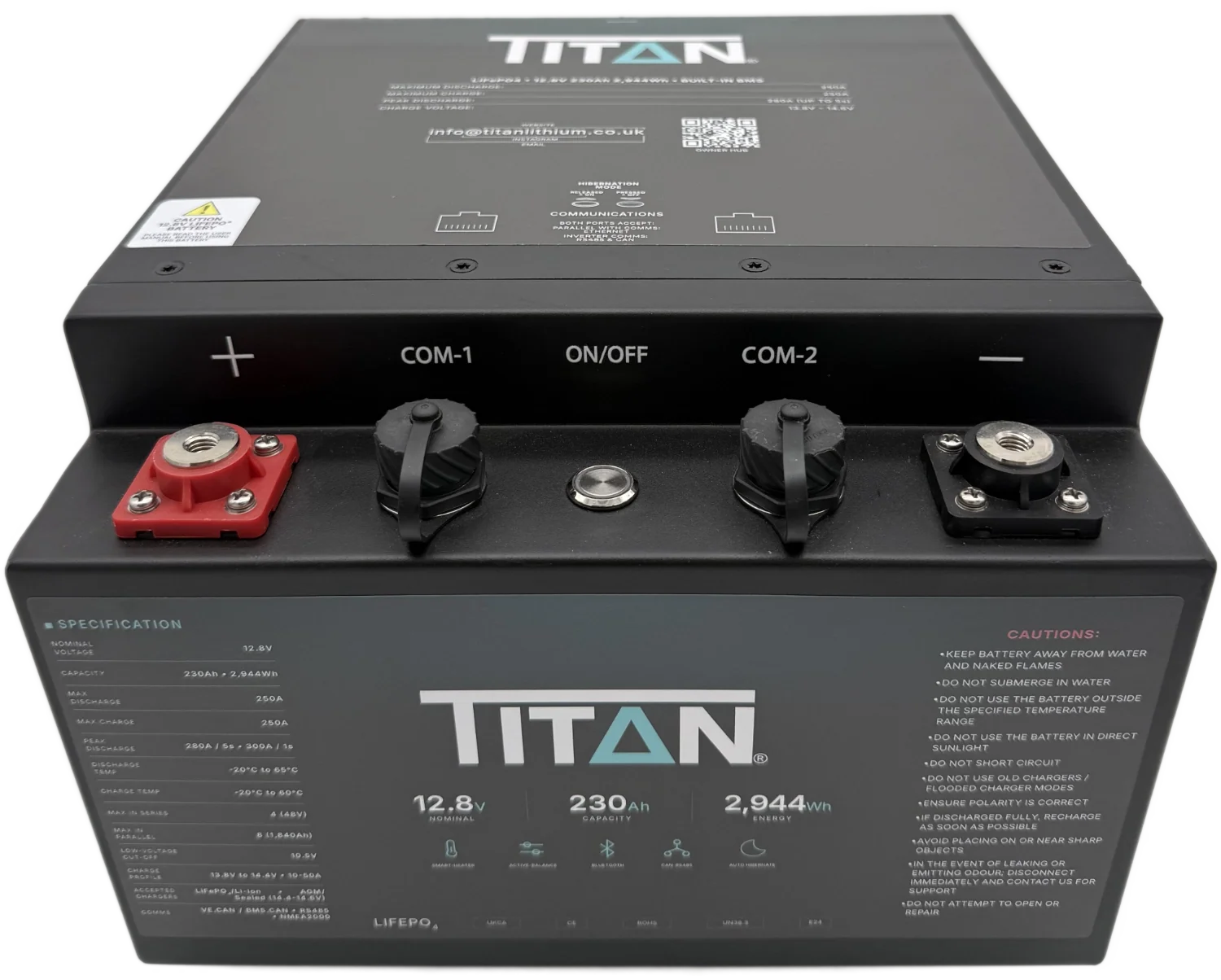 TITAN 12V 230Ah Underseat lithium leisure battery, front three-quarter view showing recessed M8 terminals and comms ports