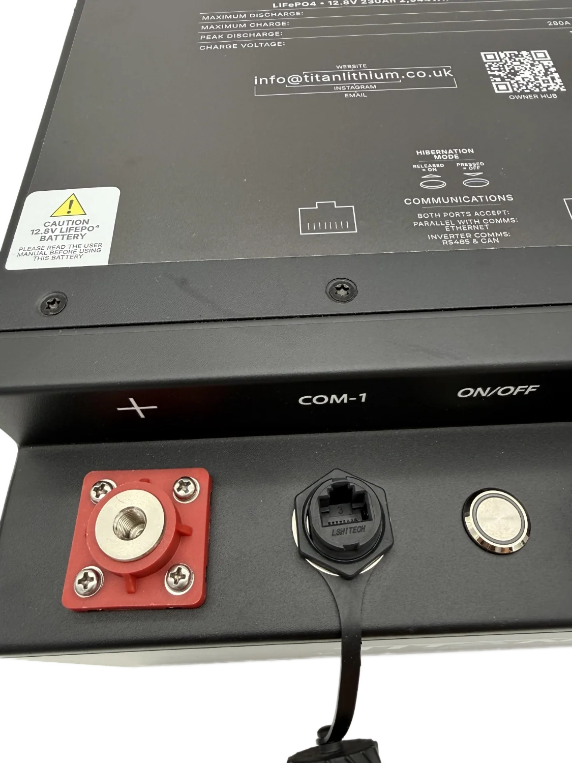 Close-up of the TITAN 230Ah Underseat recessed terminal channel, M8 post and sealed RJ45 comms port