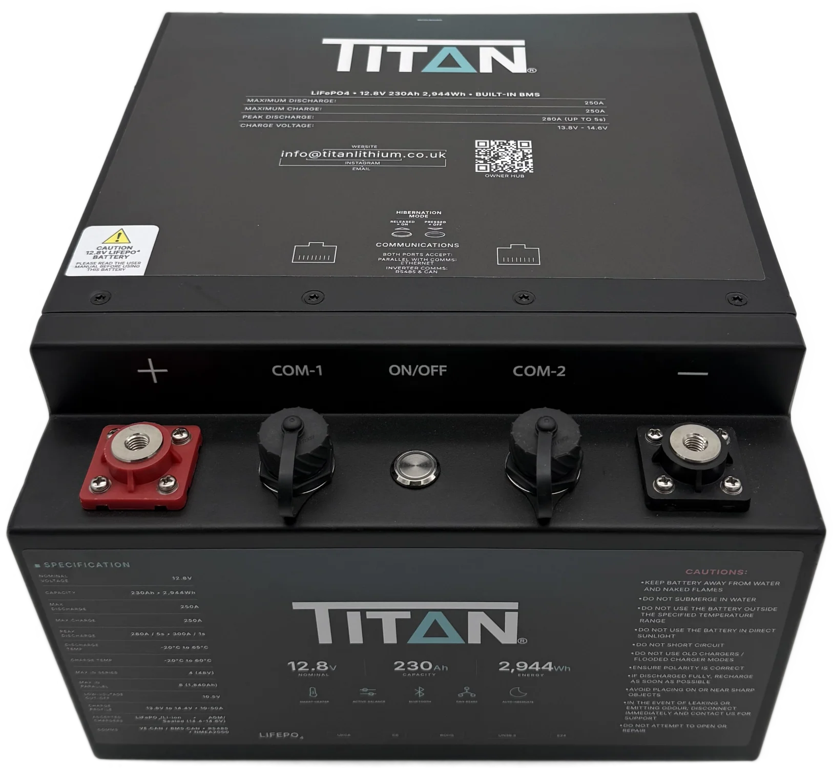 TITAN 12V 230Ah Underseat battery top label detail