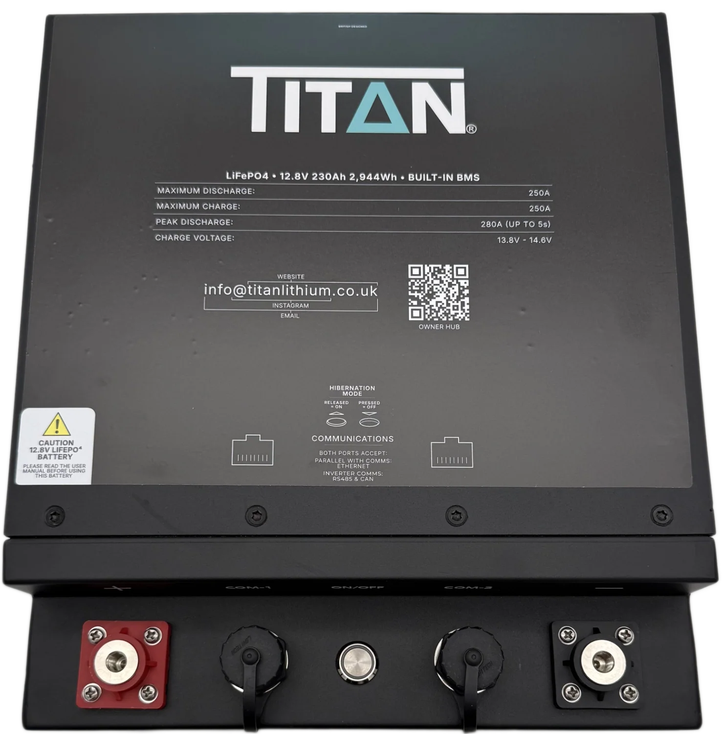 TITAN 12V 230Ah Underseat battery top view showing the specification label and hibernation switch