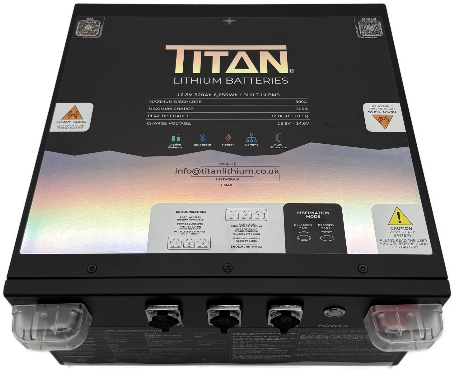 TITAN 12V 520Ah Lithium Leisure Battery in a low-profile dual-DIN sheet-metal case