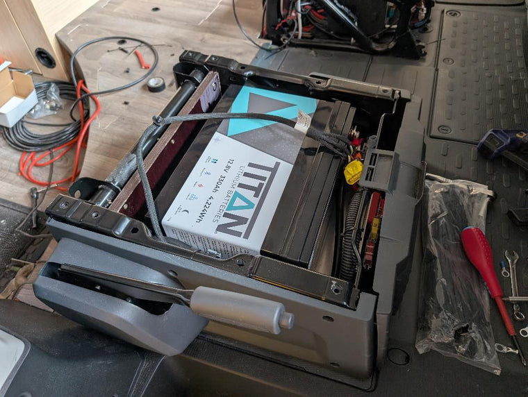 TITAN 330Ah lithium battery fitted in a motorhome seat base by Hythe Auto Electrics