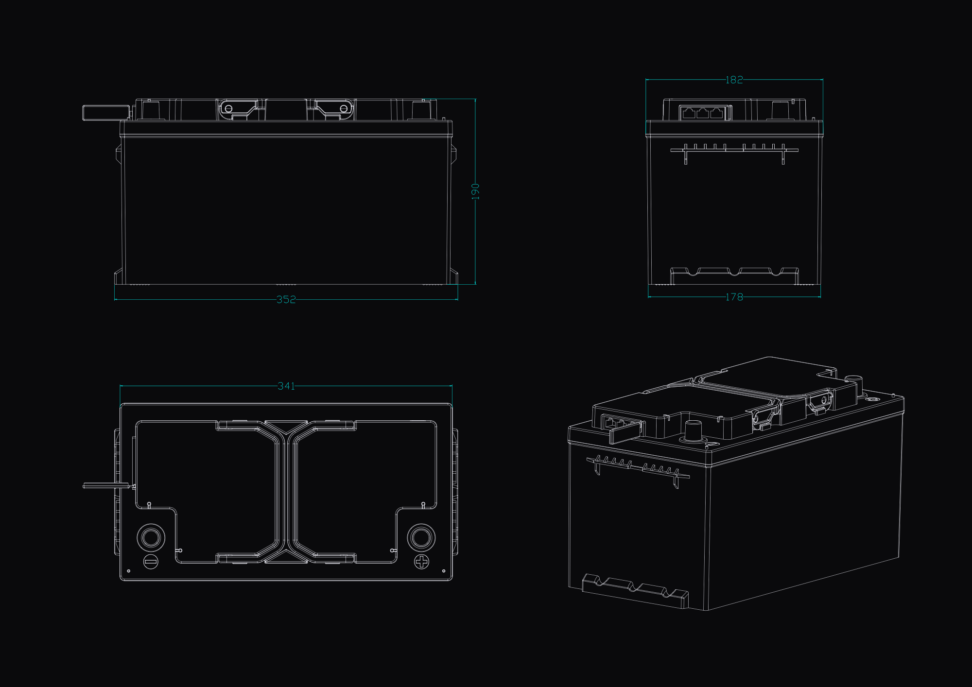 TITAN 240Ah dual-handle lithium battery dimensioned technical drawing - 352 x 182 x 190mm DIN Type 019