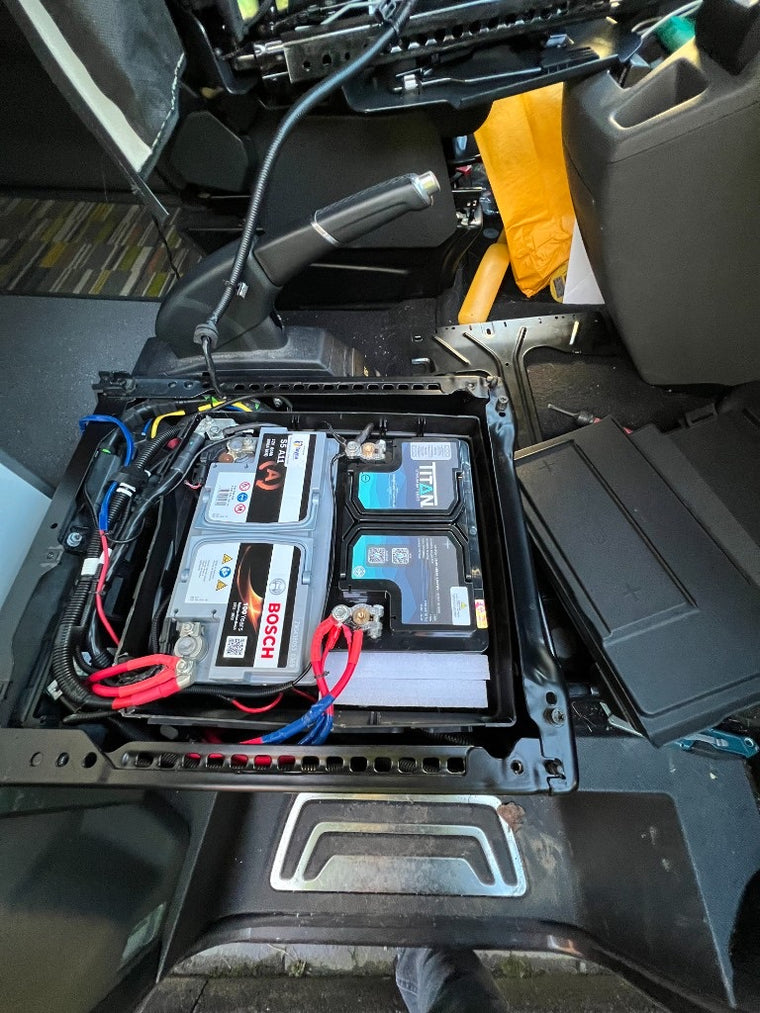 TITAN 105Ah lithium battery fitted beside the starter battery under the seat of a Ford-based motorhome