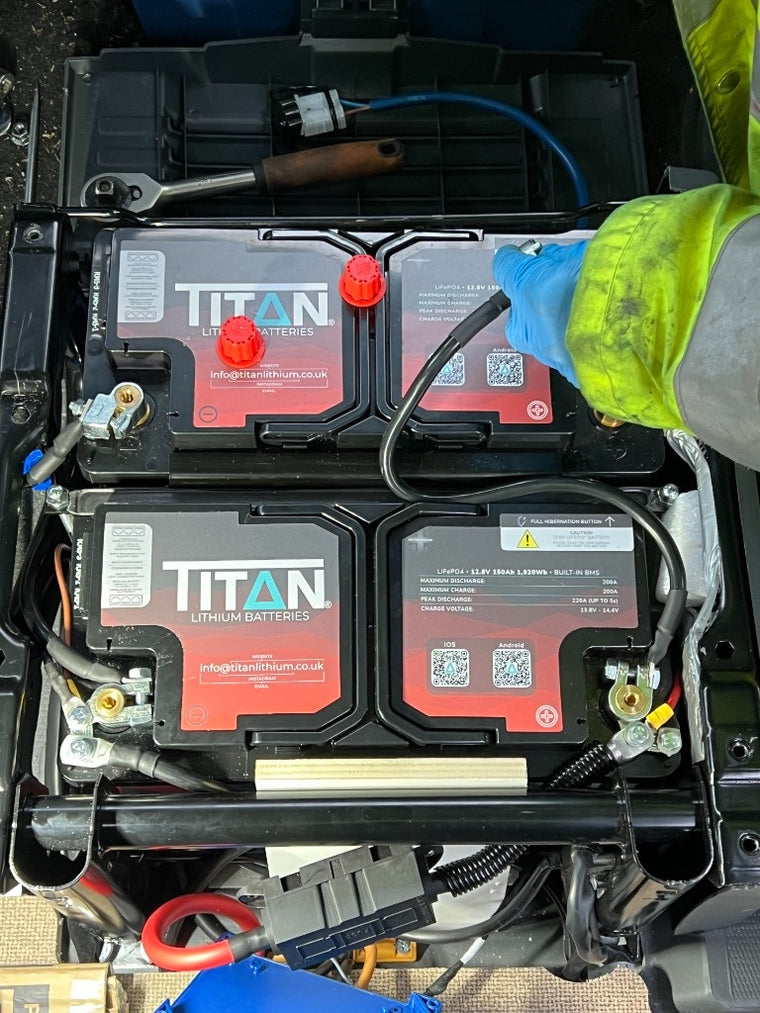 Two TITAN 150Ah lithium batteries fitted under a motorhome seat