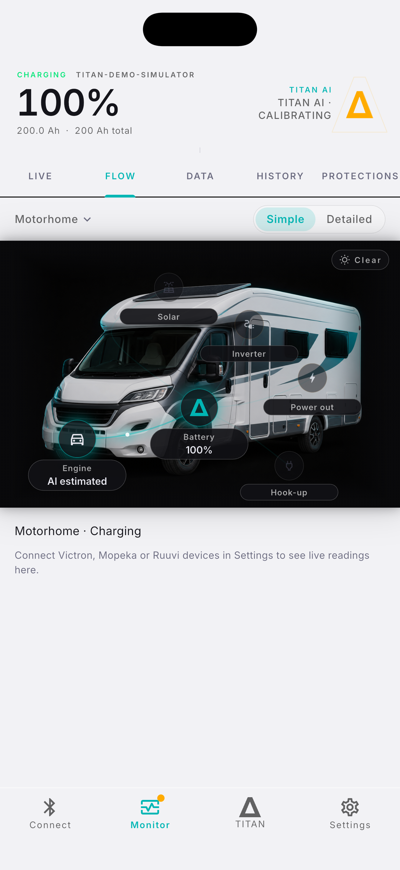 TITAN App Energy Flow view on a motorhome