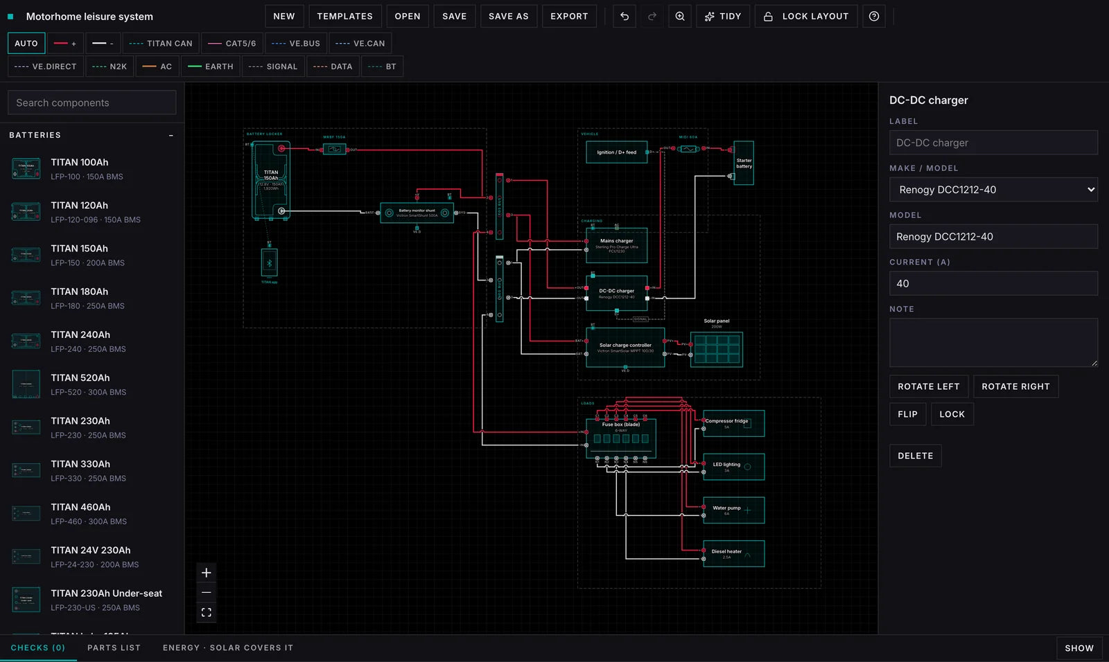 The TITAN wiring designer with a motorhome system drawn and a Renogy DC-DC charger selected