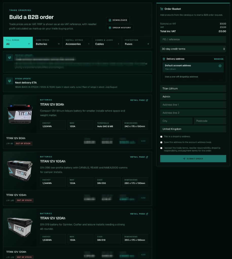 TITAN trade portal catalogue and B2B basket screenshot