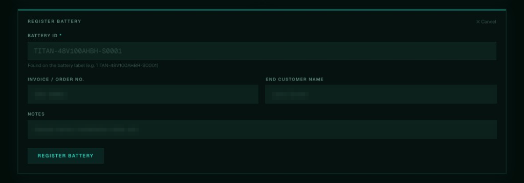 TITAN trade portal battery preclaim form screenshot